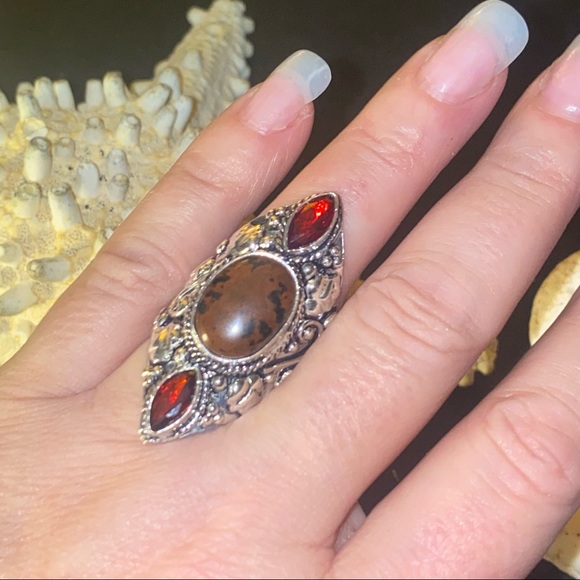 Coconut Jasper + Mozambique Garnet bohemian vintage ring - Picture 7 of 7